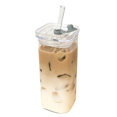 GYTHTPZR 1Pcs Square Heat Resistant Coffee Glass Cup With Lid and Straw Transparent Milk Tea Juice Cups Coffee Mug For Home Bar Drinkware, 400ml