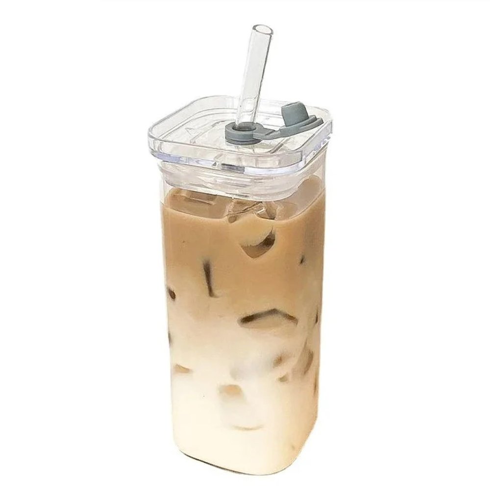 GYTHTPZR 1Pcs Square Heat Resistant Coffee Glass Cup With Lid and Straw Transparent Milk Tea Juice Cups Coffee Mug For Home Bar Drinkware, 400ml
