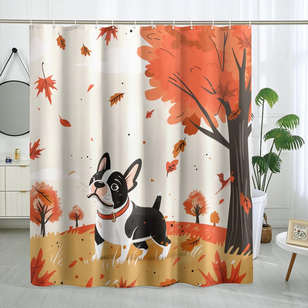 GDHBLING Fall Cute Boston Terrier Shower Curtain Set 72 Inch with Hooks, Autumn Forest Dog Bathroom Decor, Puppy Maple Printed Pattern Bath Accessories