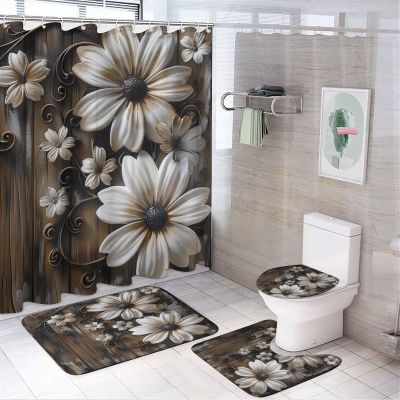 Denruny Rustic 70s Daisy Shower Curtain Vintage Watercolor Boho Floral Daisy Farmhouse Barn Door Wood Boards Bathroom Shower Curtain Set with Hooks