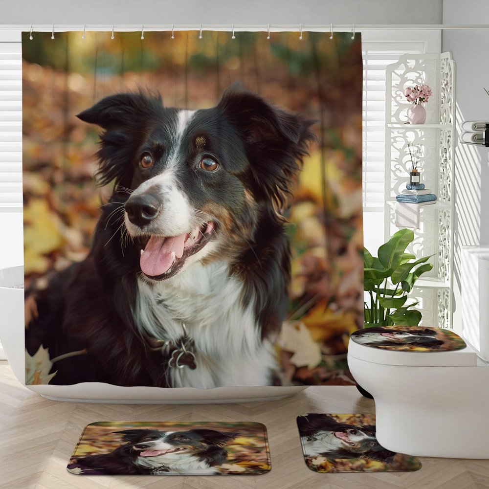 TPHIHPT 4PCS Fall Cute Border Collie Shower Curtain 72" x 72" with Hooks, Bathroom Accessory Sets with Bath Mat, U Shape and Toilet Lid Cover Mat, Autumn Fun Dog Pet Home Bath Fabric Decor