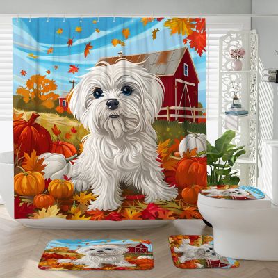 TPHIHPT 4PCS Fall Cartoon Maltese Shower Curtain Sets with Non-Slip Rug, U Shape and Toilet Lid Cover Mat, Autumn Farm Cabin Dog Home Bathroom Accessory Sets Decor, 72 x 72 Inch