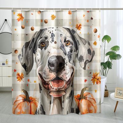 GDHBLING Fall Plaid Great Dane Shower Curtain Set 62" W x 72" L with Hooks, Autumn Pumpkin Pet Bathroom Decor, Dog Maple Printed Pattern Bath Accessories
