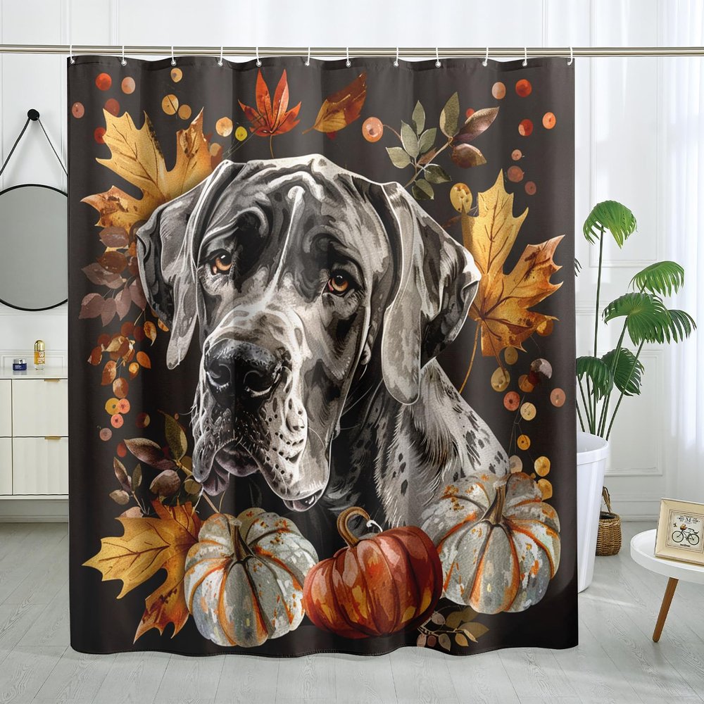 TPHIHPT Fall Harvest Great Dane Shower Curtain Set 62''x72'' with Hooks, Autumn Pumpkin Pet Bathroom Decor, Dog Maple Bath Accessories Polyester Fabric