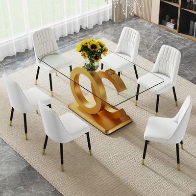 Ginxesh 63 Glass Dining Table Set for 6,7 Piece Dining Table Set,Tempered Glass Top Dinner Table and Modern Faux Leather High Back Padded Side Chairs Set for Dining Room,Living Room (C-Gold&White)