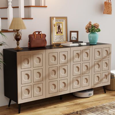 LABROSKIA Oak and Black Buffet Cabinet: 63" Modern Credenza Sideboard Buffet Cabinet with Storage, Fluted Console Cabinets with 4 Doors, Large Accent Cabinets for Living Room (Black & Oak)