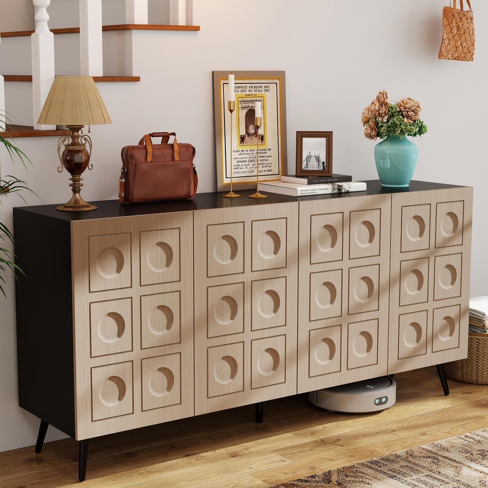 LABROSKIA Oak and Black Buffet Cabinet: 63" Modern Credenza Sideboard Buffet Cabinet with Storage, Fluted Console Cabinets with 4 Doors, Large Accent Cabinets for Living Room (Black & Oak)