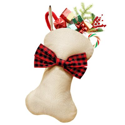 Large Dog Christmas Stocking, 17.1 x 10 Inches Christmas Stocking for Dogs Cats Pets, Dog Bone Shaped Jute Burlap Pet Stocking with Red Black Plaid Bow Tie, Xmas Tree Hanging Ornament Party Supplies