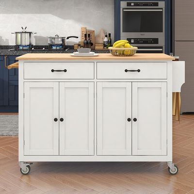 Bennbari Rolling Kitchen Island Table with Storage, Kitchen Cart on Wheels, 54 Inch Width, 4 Door Cabinet and Two Drawers (White)