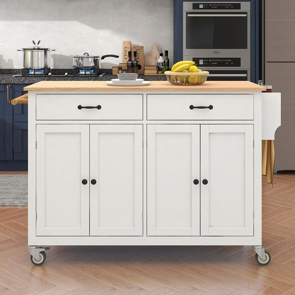 Bennbari Rolling Kitchen Island Table with Storage, Kitchen Cart on Wheels, 54 Inch Width, 4 Door Cabinet and Two Drawers (White)