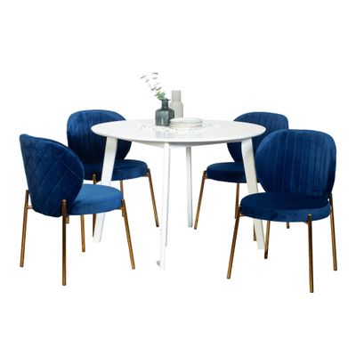 WEALTHOUSE Exquisite 5-Piece Dining Set with White Round Table and Lavish Velvet Chairs, MDF and Rubberwood Construction,Gold Metal Frames,Plush Padding - for Elegant and Comfortable Dining (Blue)