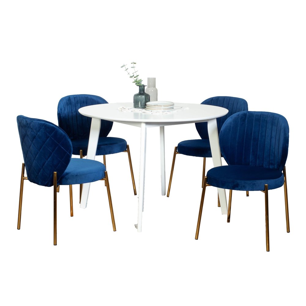 WEALTHOUSE Exquisite 5-Piece Dining Set with White Round Table and Lavish Velvet Chairs, MDF and Rubberwood Construction,Gold Metal Frames,Plush Padding - for Elegant and Comfortable Dining (Blue)