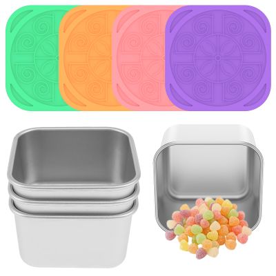 Abizarch 4 Pcs Stainless Steel Snack Container with Silicone Lids 6oz Sauce Container Leakproof Food Storage Container Reusable Snack Cup Stackable Dressing Container Portable Snack Box Set for Kids T