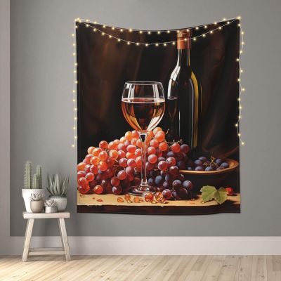 Tapestry Wall Hanging Red Wine Bottle Glass Grape Wooden Keg Tapestry for Bedroom Personalized Tapestry Custom Backdrop Banner Aesthetic Wall Tapestries Wall Art for Living Room Bedroom Dorm 60 x 51 inch