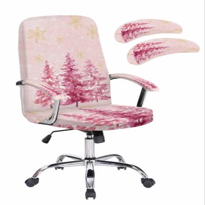 Blush Pink Tree Office Chair Cover Large Stretchable with Armrest Covers,Christmas Winter Golden Snowflake Removable Computer Chair Back Covers Office Desk Chair Seat Slipcovers Cushion Protector