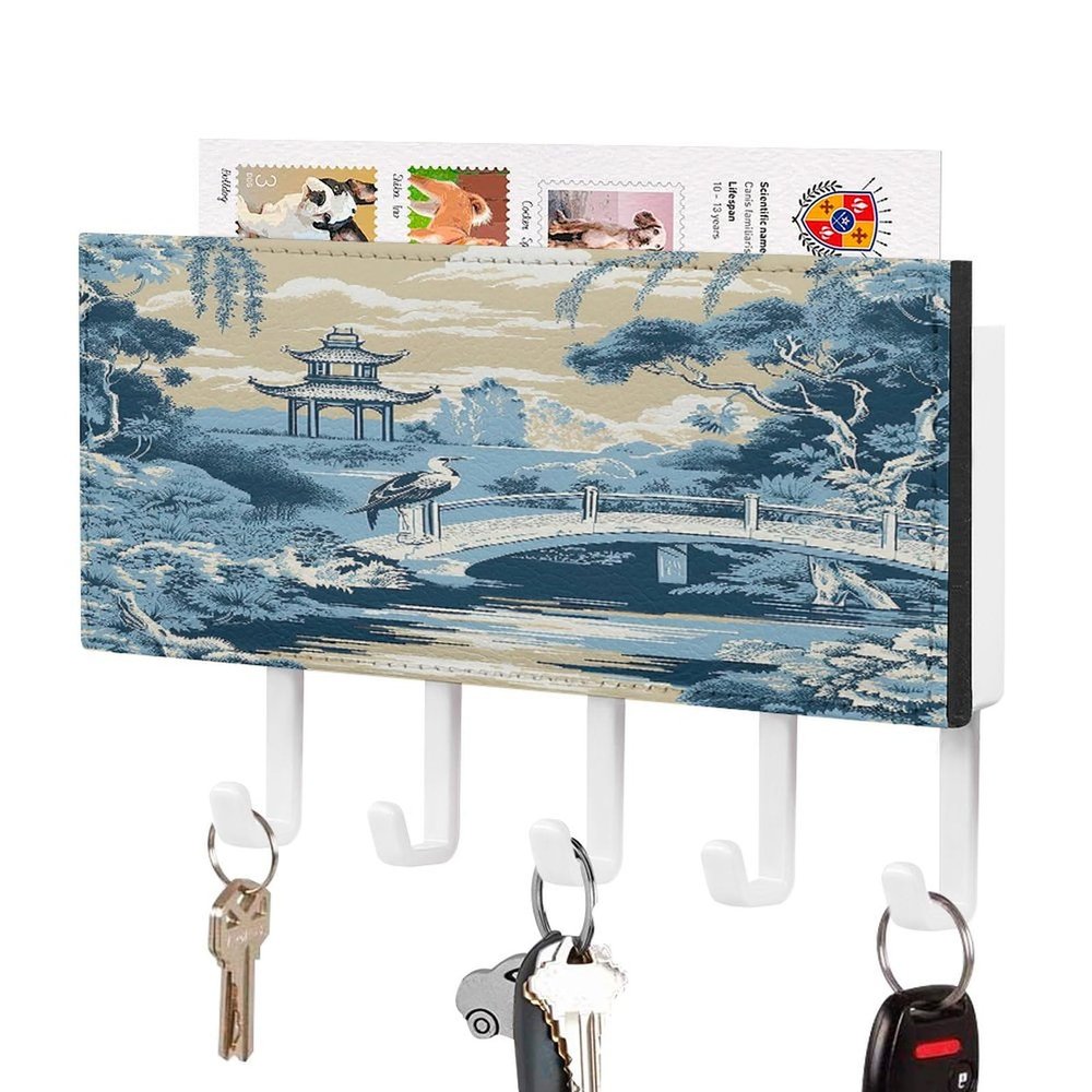 Chinoiserie Blue and White Porcelain Chinese Style Pattern Key Holder Wall Mount Key Rack Self Adhesive Key Hooks Key Organizer Home Decoration for Front Door Kitchen Mudroom Hallway Entryway
