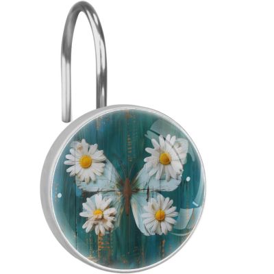 asebiunh Shower Curtain Hooks, Daisy Flower Butterfly Teal Wooden Shower Curtain Rings Stainless Steel Rust-Proof Shower Hooks Rings for Bathroom Shower Rods Curtains, Set of 12 Hooks