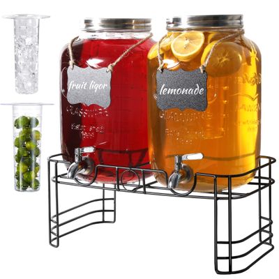 2 Gallon Drink Dispensers for Parties, 2 Pack Beverage Dispensers with Stand, Glass Water Jug Dispenser, with 18/8 Stainless Steel Spigot, Great for Party, Wedding, Picnic, BBQ