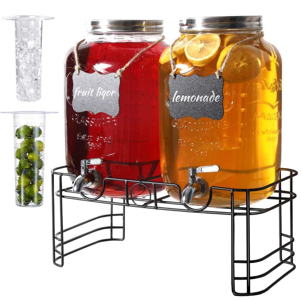 2 Gallon Drink Dispensers for Parties, 2 Pack Beverage Dispensers with Stand, Glass Water Jug Dispenser, with 18/8 Stainless Steel Spigot, Great for Party, Wedding, Picnic, BBQ