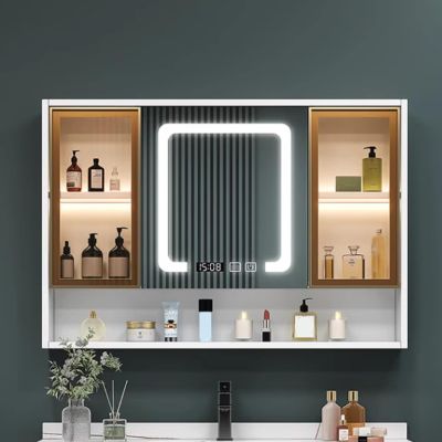 AYHARYLH Medicine Cabinet with LED Lights and Mirror, Defog & Dimmable Vanity Bathroom Mirror with Storage, Recessed Or Surface Mount, Bathroom Storage Organizer Clock and Temper Display