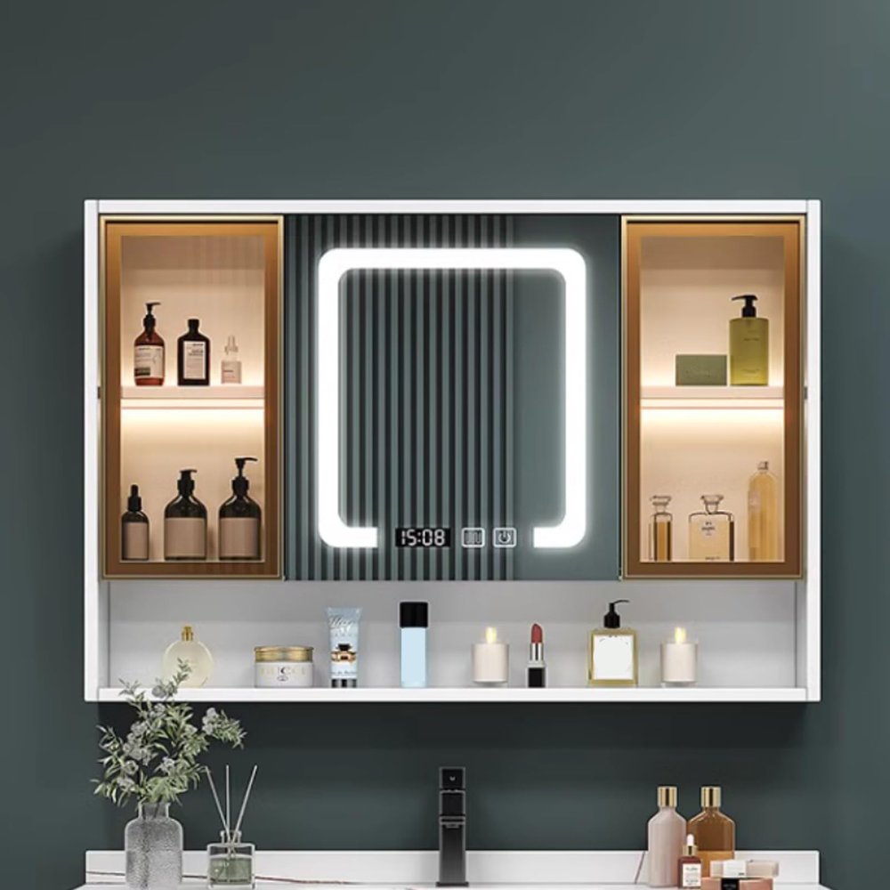 AYHARYLH Medicine Cabinet with LED Lights and Mirror, Defog & Dimmable Vanity Bathroom Mirror with Storage, Recessed Or Surface Mount, Bathroom Storage Organizer Clock and Temper Display