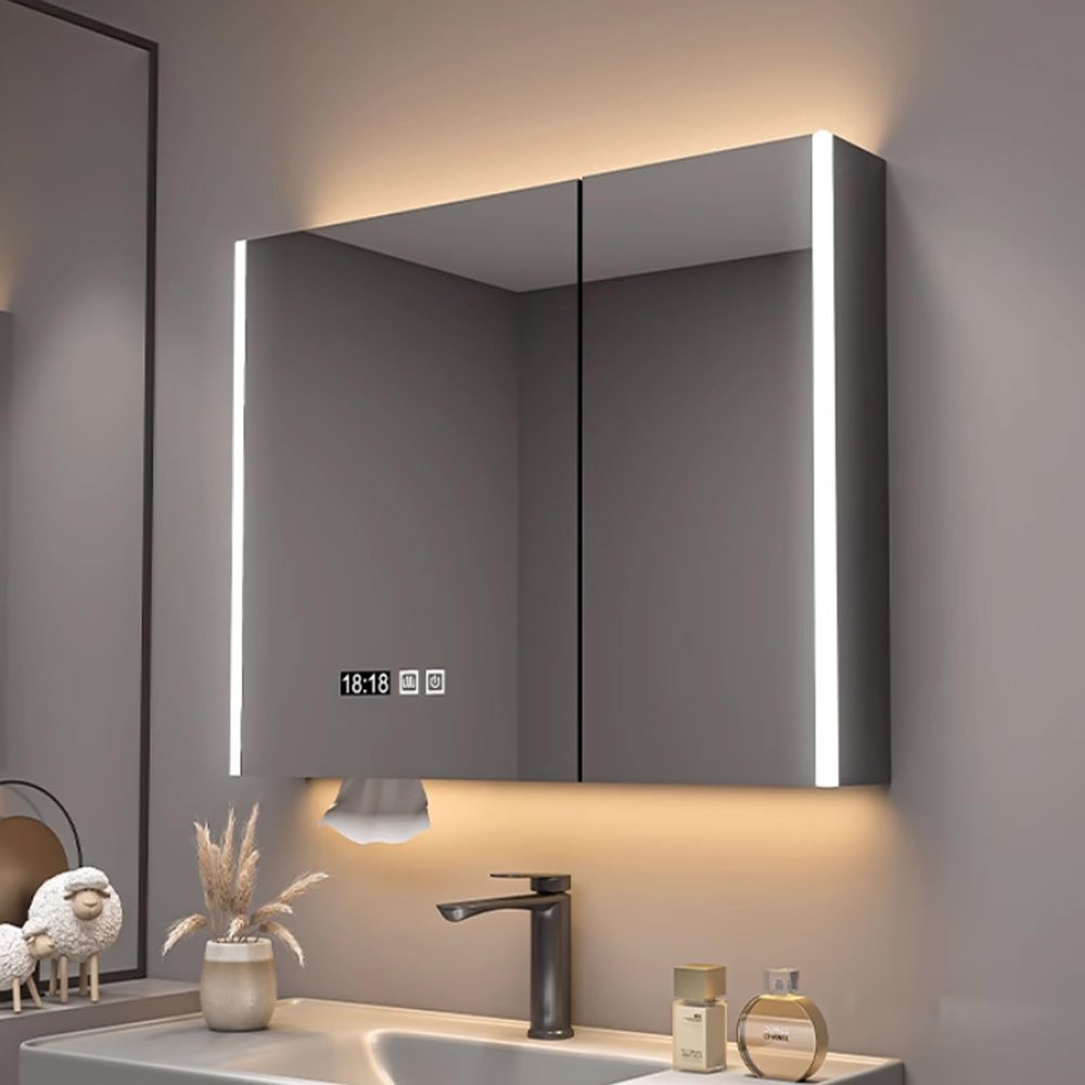 AYHARYLH Bathroom Medicine Cabinet with LED Lights with Storage,Defog & Dimmable Vanity Bathroom Mirror with Storage, Bathroom Storage Organizer Clock and Temper Display