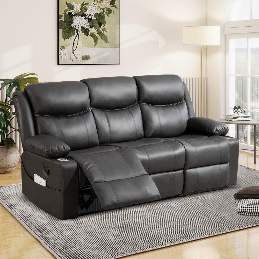 B BAIJIAWEI Reclining Sofa - 3 Seater Manual Recliner with Massage and Heat, Cup Holders, Loveseat Recliner Couch for Living Room(Grey)