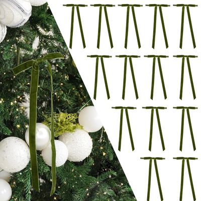 LiBongTa 5'' Moss Green Bow with Long Tail, 24 Pieces Velvet Christmas Bows for Wreaths Already Made, Premade Pretied Bows for Treat Bags, Christmas Tree, Gift Wrapping, Party Favor, Crafts, Wedding