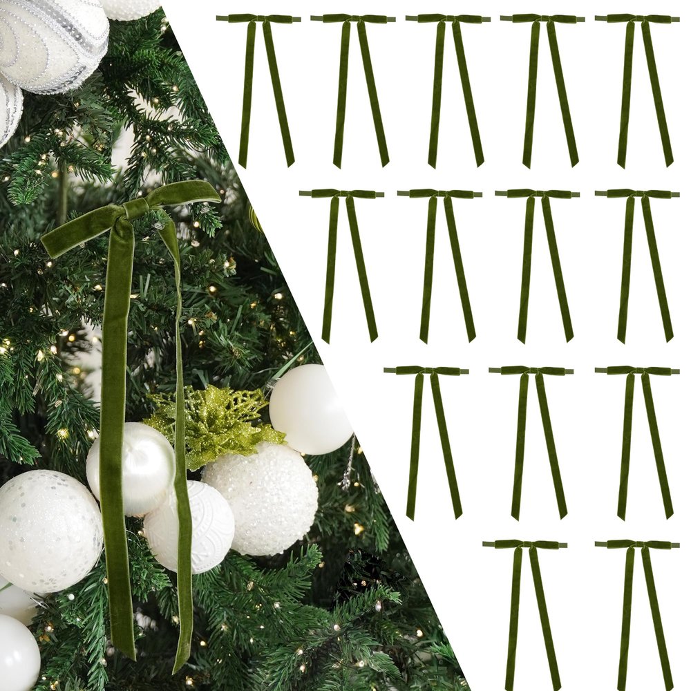 LiBongTa 5'' Moss Green Bow with Long Tail, 24 Pieces Velvet Christmas Bows for Wreaths Already Made, Premade Pretied Bows for Treat Bags, Christmas Tree, Gift Wrapping, Party Favor, Crafts, Wedding