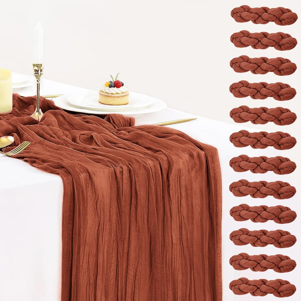 12 Pack Terracotta Cheesecloth Table Runner 35x120 Inch Rust Gauze Burnt Orange Cheese Cloth for Wedding Baby Bridal Shower Party Centerpiece Sheer Home Decorations