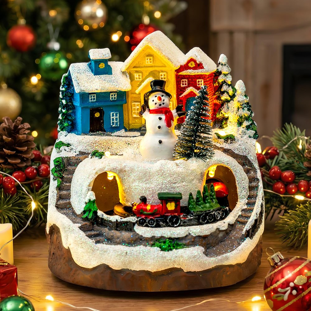 MXwcy Christmas Village House with Moving Train & Music - Lighted Snowman Figurine with 8 Holiday Songs, LED Lights - Resin Collectible Building for Indoor Xmas Decor, Table Centerpiece, Gifts
