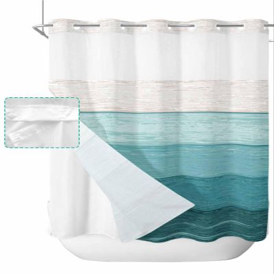 SEVENBABU Ombre Teal Green No Hook Shower Curtain with Snap in Liner Waterproof Fabric Shower Curtain Set for Bathroom Vintage Wood Grain Gradient Shower Curtain with See Through Top Window 72"x72"
