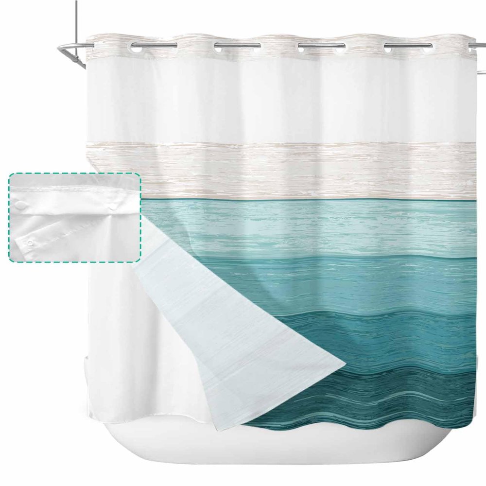 SEVENBABU Ombre Teal Green No Hook Shower Curtain with Snap in Liner Waterproof Fabric Shower Curtain Set for Bathroom Vintage Wood Grain Gradient Shower Curtain with See Through Top Window 72"x72"