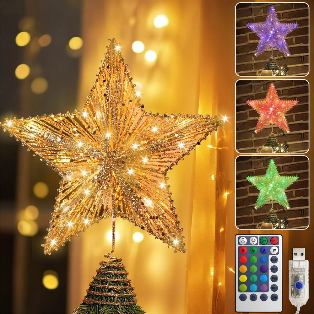 WVSAFV Christmas Tree Topper Star Gold, Christmas Tree Toppers with 40 Coloured & Warm LED Lights, Tradition Tree Topper Star for Home Holiday Xmas Tree Christmas Decor, Glitter Gold