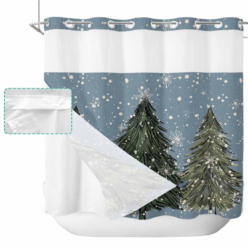 Christmas No Hook Shower Curtain with Snap in Liner Waterproof Fabric Shower Curtain Set for Bathroom Winter Vintage Green Xmas Tree Snowflake Blue Shower Curtain with See Through Top Window 72"x78"