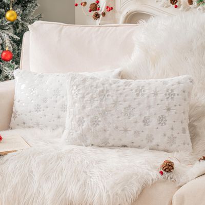 AQOTHES Soft Faux Fur Fuzzy Cute Decorative Throw Pillows Covers with Snowflake Glitter Printed Pillowcases for Christmas Decor Home Bed Room Sofa Chair Couch, Ivory, 12x20 inch, Pack of 2