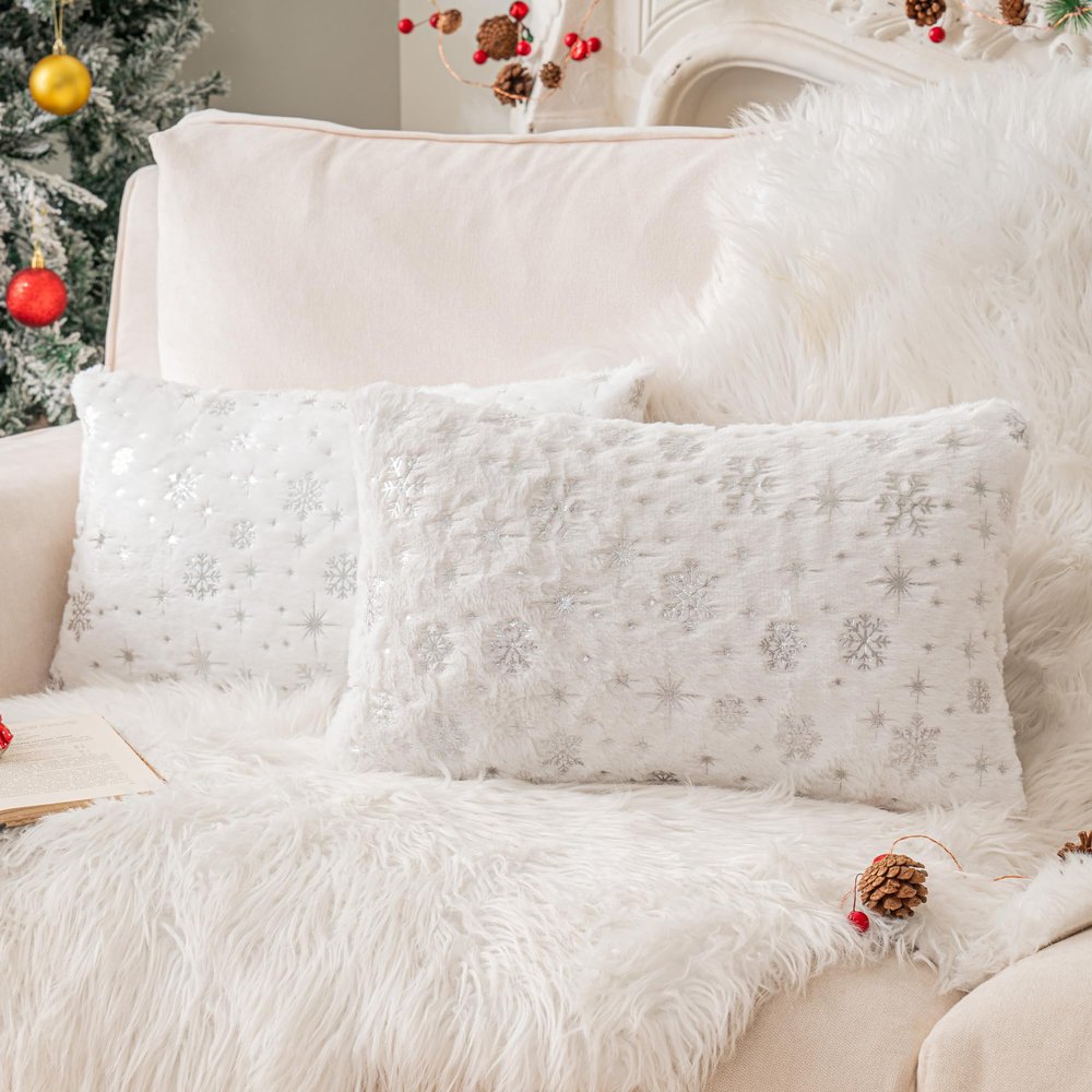 AQOTHES Soft Faux Fur Fuzzy Cute Decorative Throw Pillows Covers with Snowflake Glitter Printed Pillowcases for Christmas Decor Home Bed Room Sofa Chair Couch, Ivory, 12x20 inch, Pack of 2