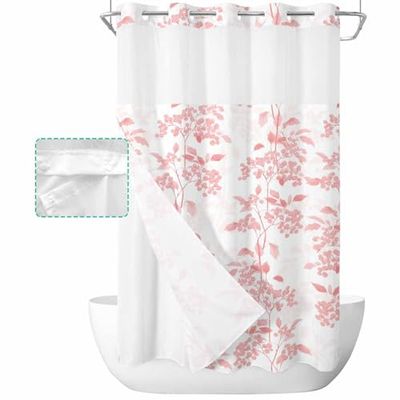 SEVENBABU Floral Pink No Hook Shower Curtain with Snap in Liner Waterproof Fabric Shower Curtain Set for Bathroom Spring Flowers Leaf Texture Shower Curtain with See Through Top Window 54"x78"