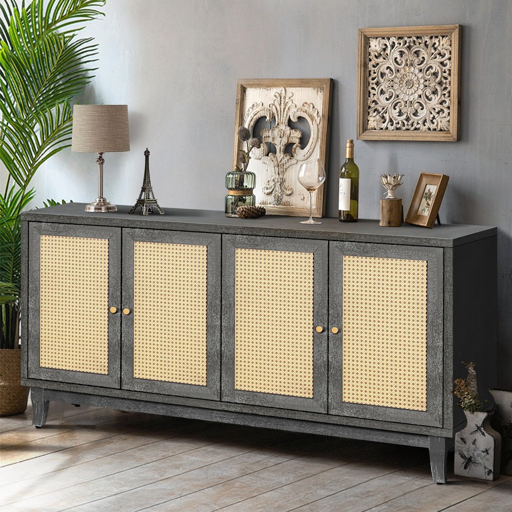 Favfurish 59.8" Handcrafted Premium Grain Panels Buffer Cabinet,4 Doors Rattan Accent Storage Cupboard,with Adjustable Shelves,for Living Room,Dining Room,Hallway Entryway,Antique Dark Grey