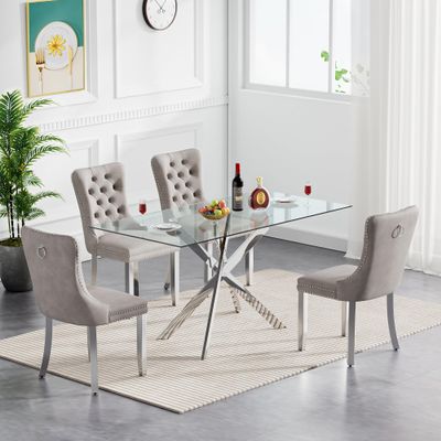 SSLine Modern 5-Piece Silver Glass Dining Table Set for 4, 51" Long Rectangle Glass Kitchen Table with 4 Grey Tufted Chairs for Kitchen Home Office