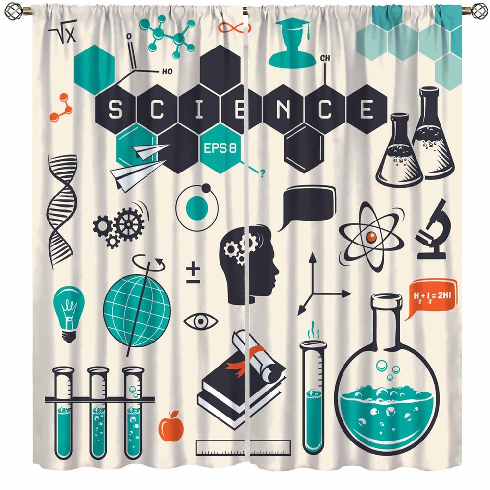 Science Kids Windows Curtains, Science Theme Hand Drawn Style Chemistry Laboratory Drapes Window Treatments for Living Room Bedroom Classrooms 63" W X 72" L