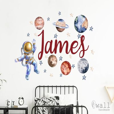 Personalized Planet Outer Space Wall Decal - Custom Name Sticker for Kids Room, Nursery Decor - Personalised Art Mural for Teen Boy, Astronaut Play Room Decal (Color 7)