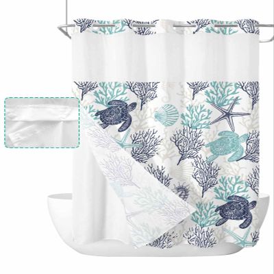 Ocean Blue Green No Hook Shower Curtain with Snap in Liner Waterproof Fabric Shower Curtain Set for Bathroom Summer Coral Sea Turtle Seahorse Starfish Shower Curtain with See Through Top 60"x72"