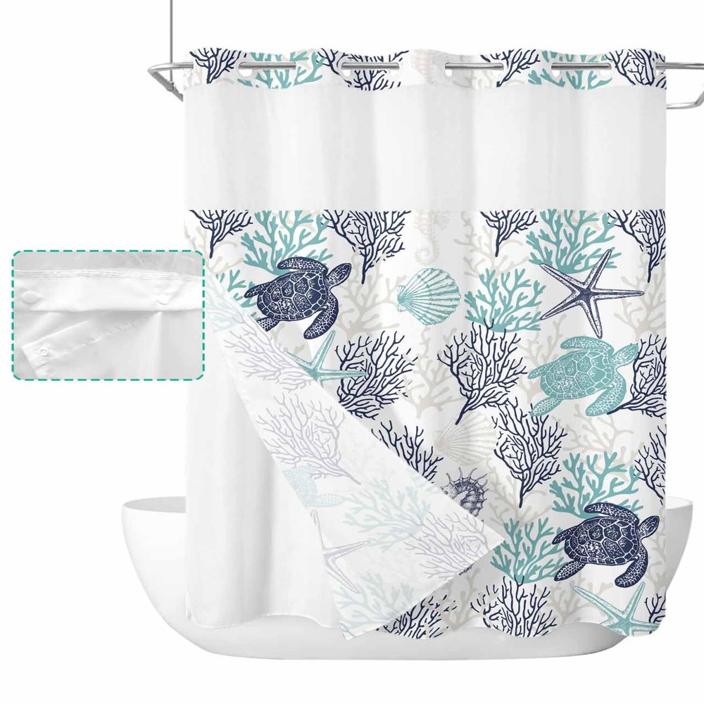 Ocean Blue Green No Hook Shower Curtain with Snap in Liner Waterproof Fabric Shower Curtain Set for Bathroom Summer Coral Sea Turtle Seahorse Starfish Shower Curtain with See Through Top 60"x72"
