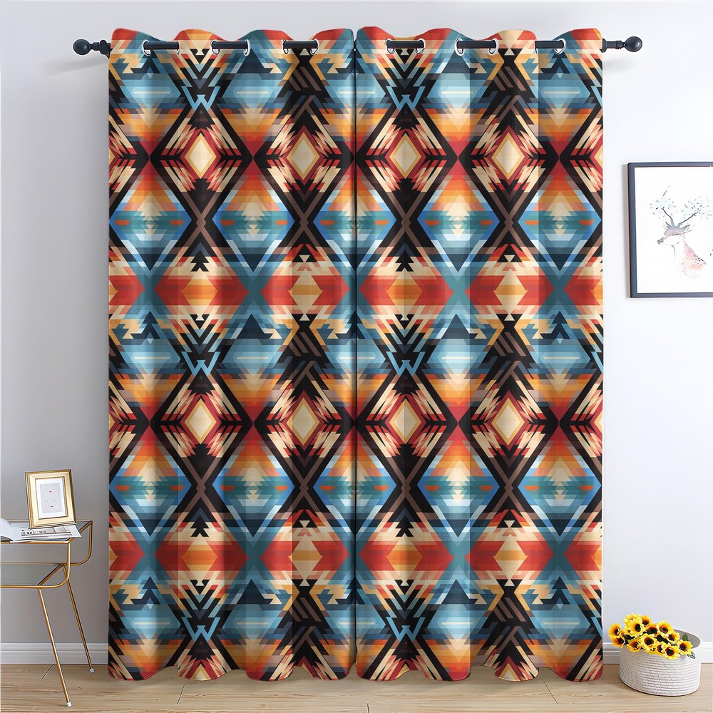 Southwestern Blackout Curtains, Aztec Curtains for Bedroom Living Room Decor, Native American Window Curtain Drapes Grommet Thermal Insulated, 52 x 108 Inch 2 Panels Set PW&432
