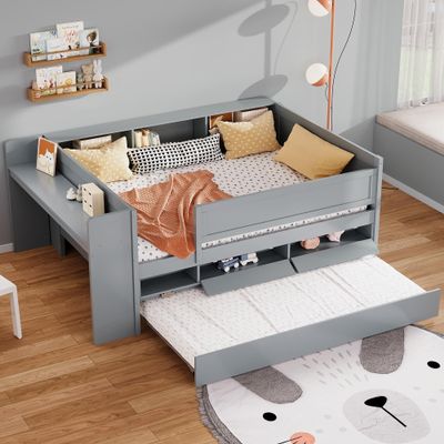 Multi-Functional Daybed with Drawers and Trundle, Headboard Storage and Desk, Twin Size Solid Wood Daybed for Kids Teens Adults (Gray-M)