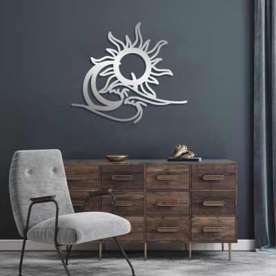 Celestial Metal Wall Art, Sun and Moon Metal Wall Decor, Wacky Sun Metal Art, Moon Art Wall Decor, Sun Moon Wall Art, Celestial Boho Wall Art, Sun and Moon Outdoor Wall Decor (Silver, 19"x16" | 47x41cm)