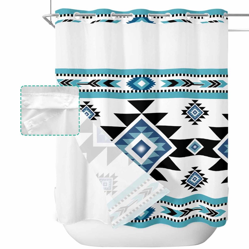 SEVENBABU Boho No Hook Shower Curtain with Snap in Liner Waterproof Fabric Shower Curtain Set for Bathroom Modern Geometric Blue White Stripe Shower Curtain with See Through Top Window 66"x72"