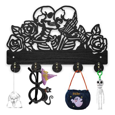 MAYJOYDIY Halloween Skull Key Holder for Wall Wood Rose Flower Skeleton Undead Key Hook 11.87.9inch Black Coat Rack 5 Alloy Hooks Home Decor Gifts Entryway Kitchen Storage Organizer