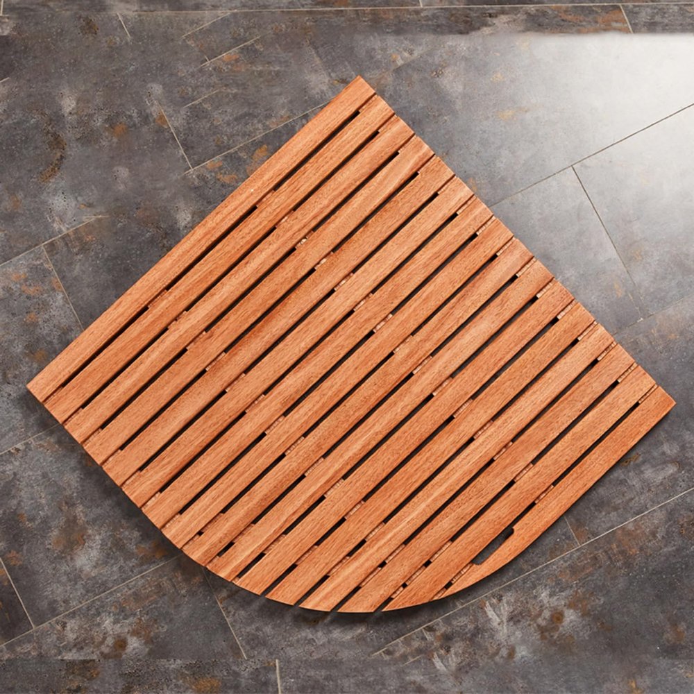 Kunovo Fan-Shape Bathroom Mat, Waterproof Wood Grille Slats Shower Platforms, Easy Clean Multifunctional Bath Drain Board for Potted Plant Stands(90cm/35.4" x110cm/43.3")